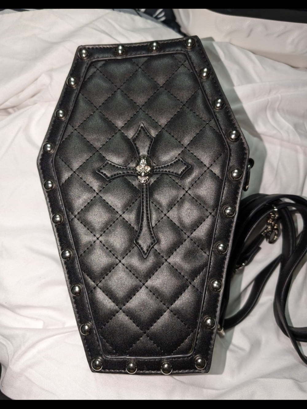 Dolls Kill Black Quilted Coffin Crossbody Bag with Studs